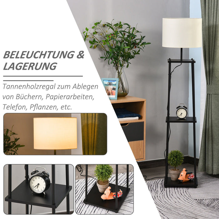 Medina Melrose Vloerlamp Met Plank - Zwart, Wit - Staal, Polyester, Mdf - 13,58 cm x 13,58 cm x 59,05 cm