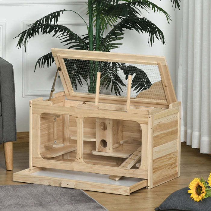 Medina Lethbridge Hamster cage met ramp - Naturel - Firwood, Glas, Gegalvaniseerde Draad - 30,7 cm x 15,74 cm x 17,32 cm