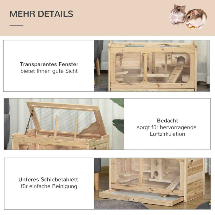 Medina Lethbridge Hamster cage met ramp - Naturel - Firwood, Glas, Gegalvaniseerde Draad - 30,7 cm x 15,74 cm x 17,32 cm