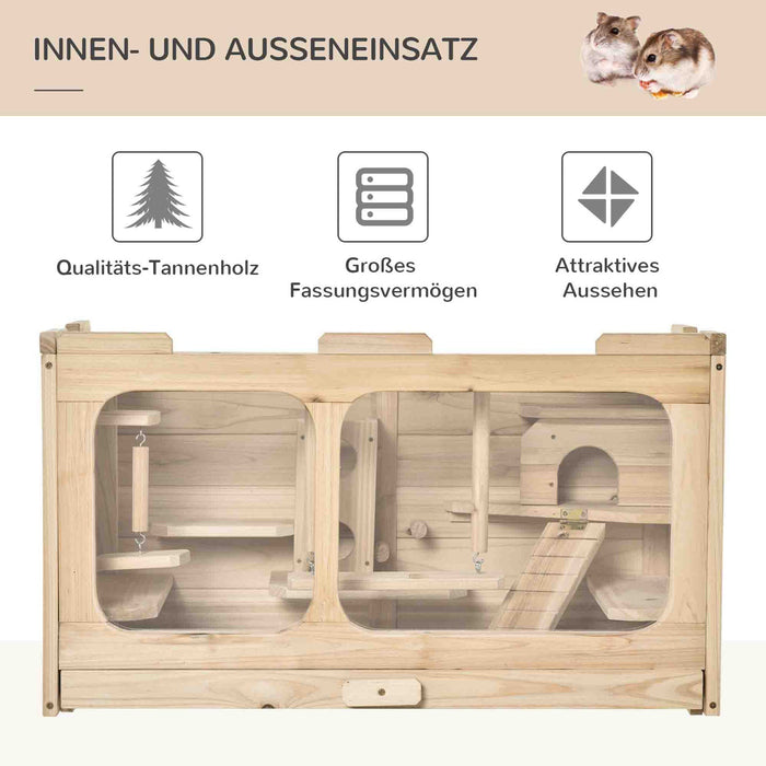 Medina Lethbridge Hamster cage met ramp - Naturel - Firwood, Glas, Gegalvaniseerde Draad - 30,7 cm x 15,74 cm x 17,32 cm