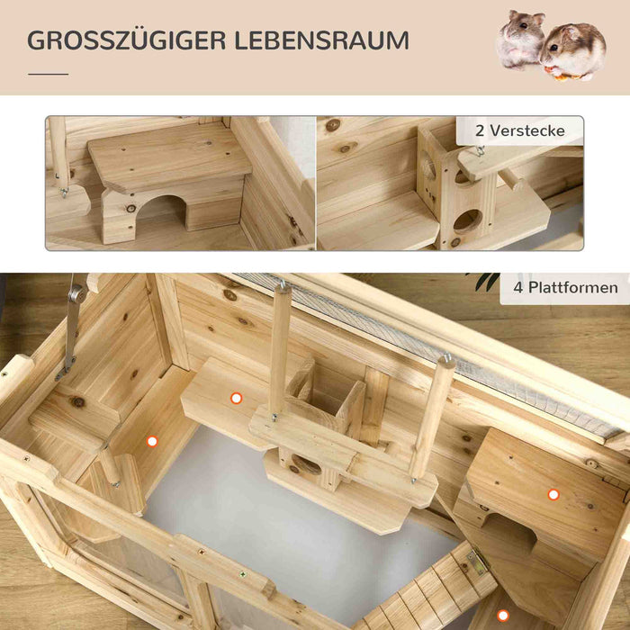 Medina Lethbridge Hamster cage met ramp - Naturel - Firwood, Glas, Gegalvaniseerde Draad - 30,7 cm x 15,74 cm x 17,32 cm