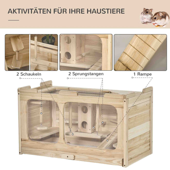 Medina Lethbridge Hamster cage met ramp - Naturel - Firwood, Glas, Gegalvaniseerde Draad - 30,7 cm x 15,74 cm x 17,32 cm