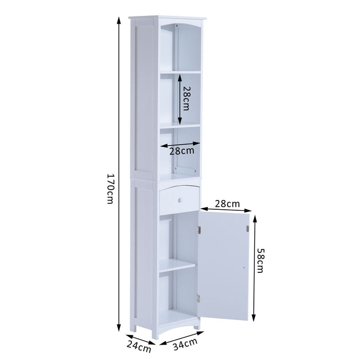 Medina Manassas Badkamerkast - Badkamermeubel - 3 Planken - 34 x 24 x 170 cm - 1 Lade - 1 Deur - Hoge Kast - MDF - Wit