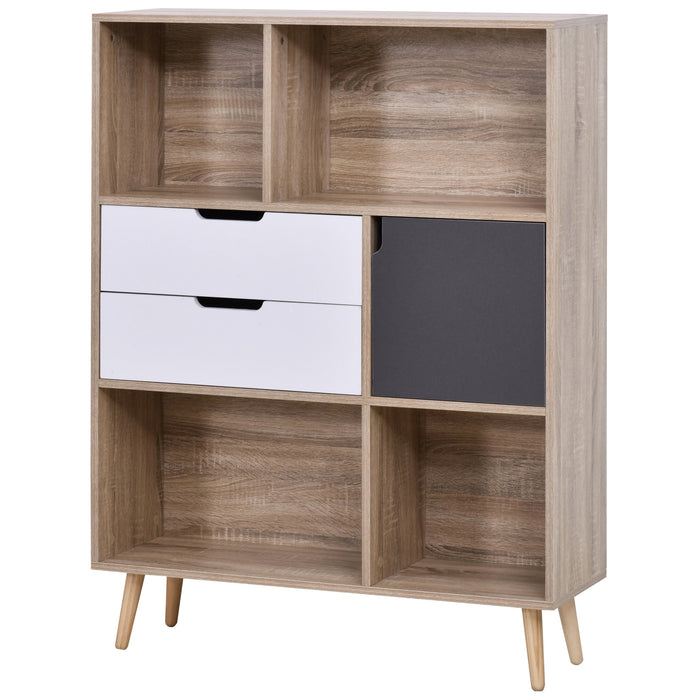 Medina McNair Opbergkast - Dressoir - Keukenkast - 4 Open Vakken - 2 Lades - 1 Deur - Bruin - Wit - Grijs - 90 x 30 x 120 cm