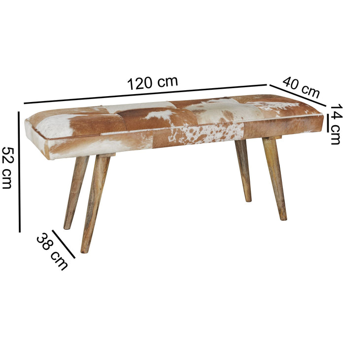 Medina Escanaba Bank - Gestoffeerde Bank - Halbank - Bankje - Geitenleer - Mangohout - Bruin/Wit - 120 cm