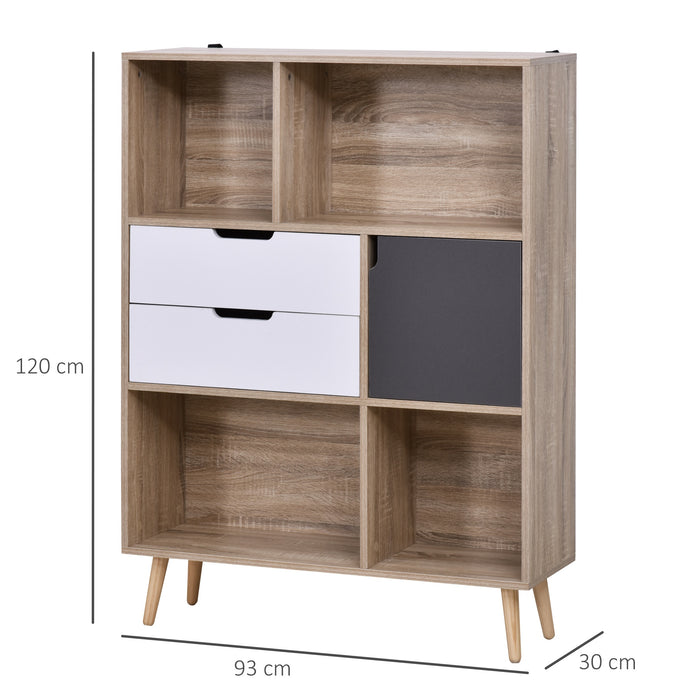 Medina McNair Opbergkast - Dressoir - Keukenkast - 4 Open Vakken - 2 Lades - 1 Deur - Bruin - Wit - Grijs - 90 x 30 x 120 cm