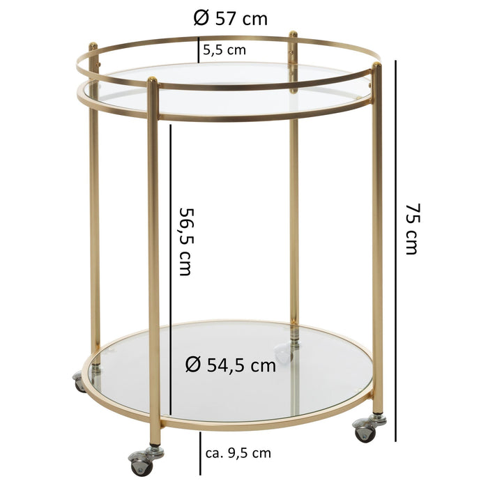 Medina Deming Bijzettafel - Bijzettafel op Wieltjes - Keukentrolley - Serveerwagen - Theewagen - Ø 57 cm - Goud - Glas