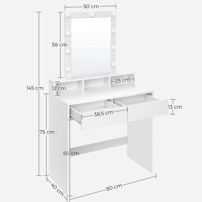 Nancy's Goldstone Kaptafel - Cosmeticatafel - Spiegel - Verlichting - 2 Lades - Open Vakken - Wit - Bewerkt Hout - 80 x 40 x 145 cm