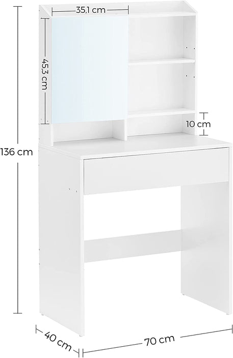 Nancy's Goldthorpe Kaptafel - Cosmeticatafel - Open Vakken - Spiegel - 1 Lade - Verstelbare Planken - Wit - Bewerkt Hout - 70 x 40 x 136 cm