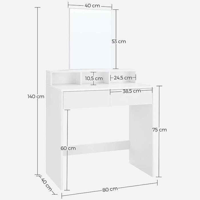 Nancy's Caccile Kaptafel - Comestica Tafel - Make-Up Tafel - 2 Lades - Spiegel - Open Vakken - Bewerkt Hout - Wit - 80 x 40 x 140 cm