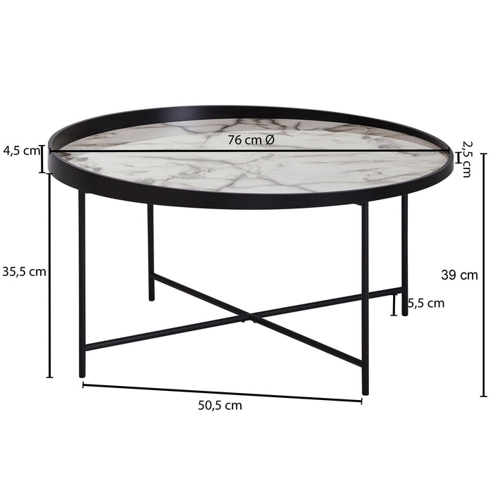 Medina Ossinning Salontafel - Ronde Salontafel - Marmer - Zwart - Ø 76 cm - Wit - Bijzettafel