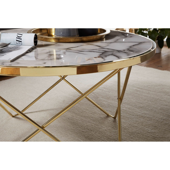 Medina Canton Salontafel - Bijzettafel - Design - Marmerlook - Wit - Koper/Goud- Rond - Ø 85cm