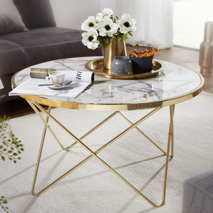 Medina Canton Salontafel - Bijzettafel - Design - Marmerlook - Wit - Koper/Goud- Rond - Ø 85cm