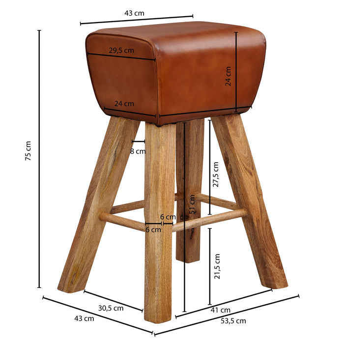 Medina Moody Barkruk - Turnbok Model - Lederen Barkruk - Bruin - Massief Hout - Mangohout - 43 x 43 x 75 cm