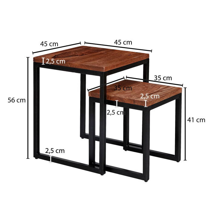 Medina Key West Bijzettafels - Salontafel - Set Van 2 - Massief Hout - Sheesham - Bruin - Zwart