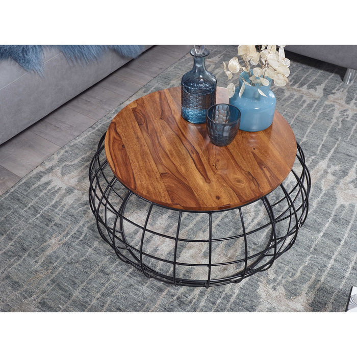 Medina Medford Salontafel - Ronde Salontafel - Koffietafel - Massief Hout - Sheesham - 77 cm - Metalen Frame - Zwart - Bruin