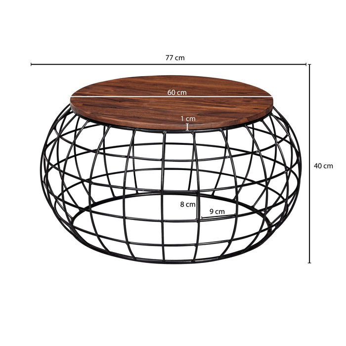 Medina Medford Salontafel - Ronde Salontafel - Koffietafel - Massief Hout - Sheesham - 77 cm - Metalen Frame - Zwart - Bruin