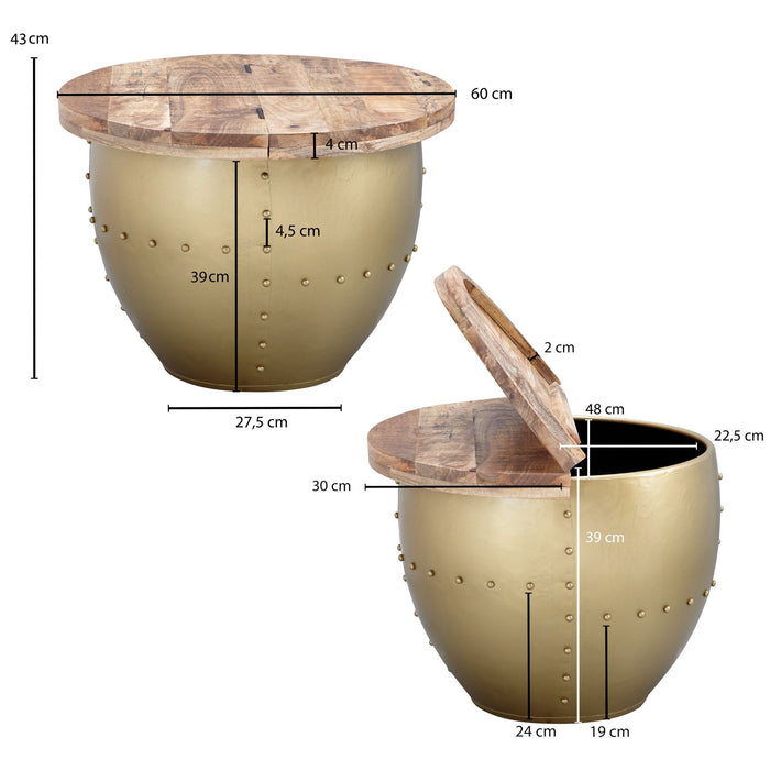 Medina Corvallis Salontafel - Koffietafel - Bijzettafel - Opslagruimte - Industrieel - Hout - Metaal - Bruin - Zilver/Goud - 60 x 60 x 43 cm