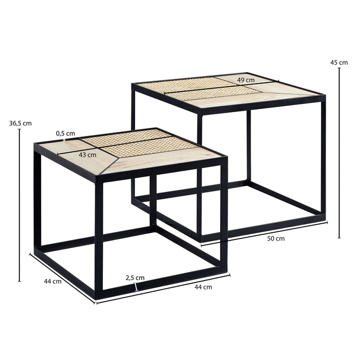 Medina Grove Salontafels - Koffietafels - Set Van 2 - Bijzettafels - Massief Hout - Mangohout - Rotan - Zwart - Bruin