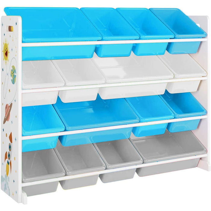 Nancy's Fossmill Speelgoed Organizer - Kinderkamer - Opslagkast - 16 Dozen - Kunststof - Blauw - Wit - Grijs - 106 x 26,5 x 78 cm