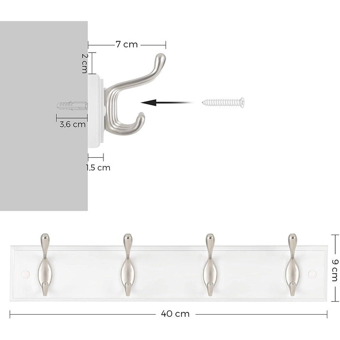 Nancy's Champlin Wandkapstok - Garderobe - 4 Dubbele Haken - Wandkapstok - MDF - Wit - 40 x 9 x 7 cm