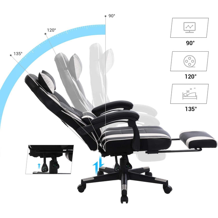 Nancy's Gatineau Gamestoel - Bureaustoel - Draaistoel - Uitschuifbare Voetensteun - Hoofdsteun - Ergonomisch - Kantelfunctie - Zwart - Wit - 67 x 66 x 116-126 cm