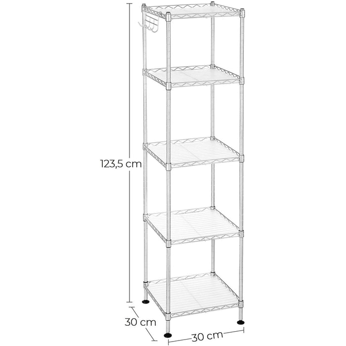 Nancy's Chantry Badkamerrek - Opbergrek - Stellingkast - 5 Niveaus - Staal - Zilver - Haakjes - 30 x 30 x 123 cm