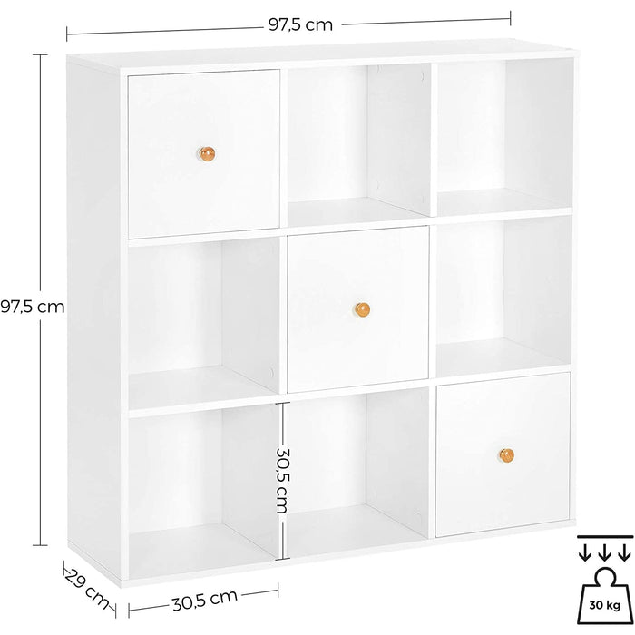 Nancy's Chantilly Vakkenkast - Boekenkast - 3 Deuren - Open Opbergvakken - Opbergkast - Wit - Bewerkt Hout - 97,5 x 29 x 97,5 cm