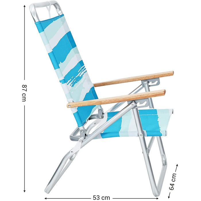 Nancy's Brussels Strandstoel - Klapstoel - Campingstoel - Verstelbaar - Armleuningen - Ademend - Blauw - Hout - Wit - Aluminium - 64 x 53 x 87 cm - 57 x 59 x 71 cm