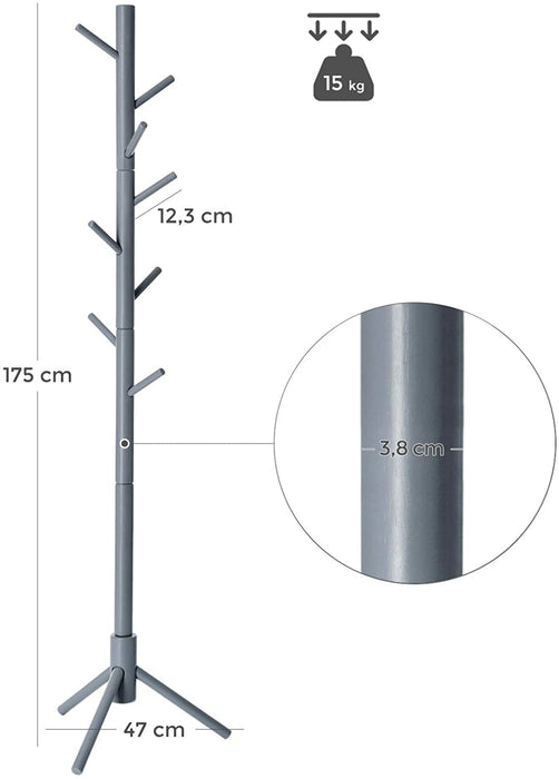 Nancy's Cavignac Kapstok - Vrijstaand - Kledingstandaard - Massief Hout - 8 Haken - Boomvormig - Grijs/Wit - 47 x 47 x 175 cm