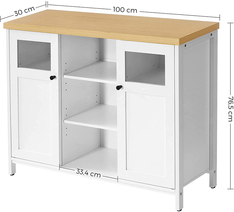 Nancy's Consort Keukenkast - Dressoir - 2 Deuren - Open Opbergvakken - Glasvenster - Wit - Natuurlijk - Bewerkt Hout - Staal - Glas - 100 x 30 x 76,5 cm