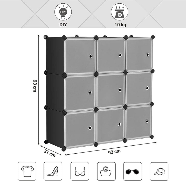 Nancy's Charleston Opbergsysteem - 9 Kubussen - Organizer - Opslag - Kunststof - Plastic - Zwart - 93 x 31 x 93 cm