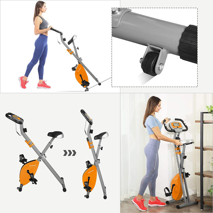 Nancy's Chikopi Hometrainer - Fitnessfiets - Inklapbaar - 8 Magnetische Weerstandsinstellingen - Vloermat - Hartslagmeting - Telefoonhouder - Zilver - Oranje - 78 x 41 x 113 cm