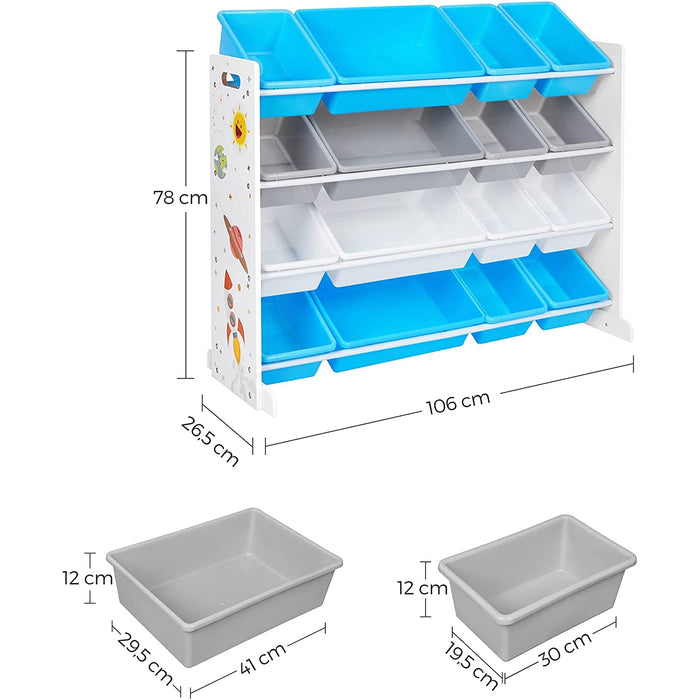 Nancy's Fossmill Speelgoed Organizer - Kinderkamer - Opslagkast - 16 Dozen - Kunststof - Blauw - Wit - Grijs - 106 x 26,5 x 78 cm