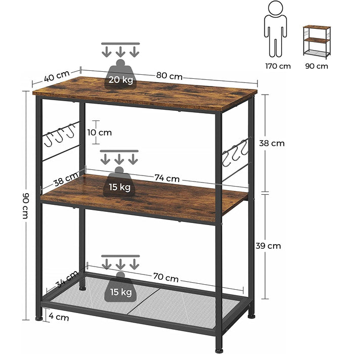 Nancy's Franklin Keukenrek - Dressoir - Opbergrek - 3 Planken - 6 Haken - Bewerkt Hout - Metaal - Industrieel - 80 x 40 x 90 cm