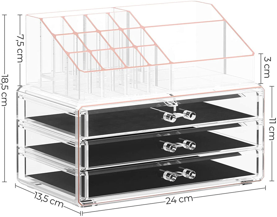 Nancy's Iberville Make-Up Organizer - Make-Up Opslag - 3 Lades - Open Vakken - Transparant - Kunststof - 24x 18,5 x 13,5 cm