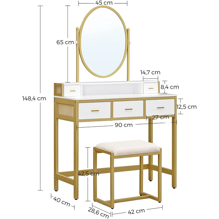 Nancy's Calgary Kaptafel - Make-Up Tafel - Krukje - Cosmeticatafel - Spiegel - Lades - Open Vak - Wit-Goud - 90 x 40 x 148,4 cm