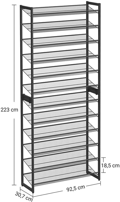 Nancy's Charlemont Schoenenrek - 12 Niveaus - 48-60 Paar Schoenen - Metaal - Verstelbare Planken - Zwart - 92,5 x 30,7 x 223 cm