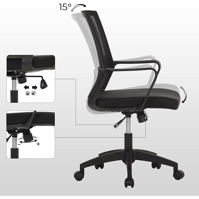 Nancy's Chelton Bureaustoel - Draaistoel - Kantoorstoel - Netbespanning - Verstelbaar - Schommelfunctie - Zwart - Polyester - 52 x 58,5 x (89-97)