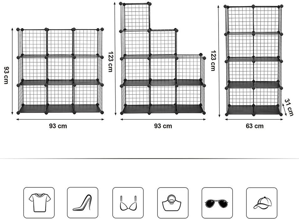 Nancy's Charnwood Opbergrek - Schoenenrek - 9 Kubussen - Vakken - Draadgaas - Metaal - Zwart - 93 x 31 x 93 cm