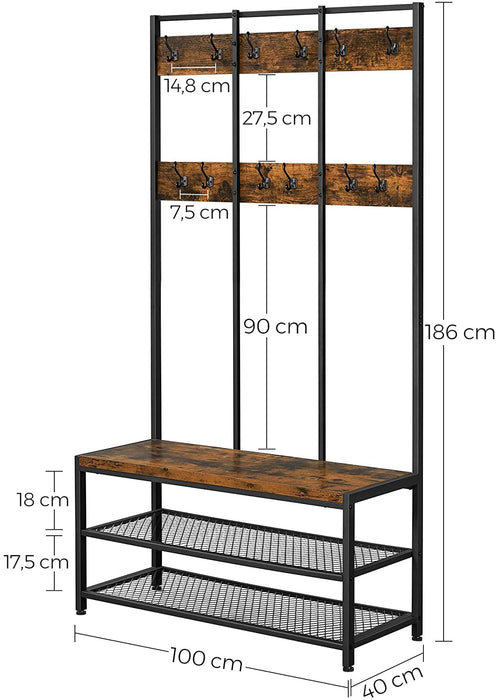 Nancy's Greenfield Kapstok - Garderoberek - 12 Haken - Schoenenrek - Bewerkt Hout - Metaal - Industrieel - Bruin - Zwart - 100 x 40 x 184 cm