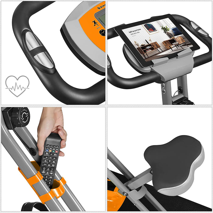 Nancy's Chikopi Hometrainer - Fitnessfiets - Inklapbaar - 8 Magnetische Weerstandsinstellingen - Vloermat - Hartslagmeting - Telefoonhouder - Zilver - Oranje - 78 x 41 x 113 cm