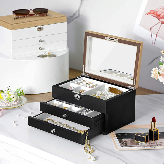 Nancy's Butler Sieradendoos - Sieraden Organizer - Juwelenopslag - Lades - Slot - Zwart - Bruin - 24,5 x 17 x 14,5 cm