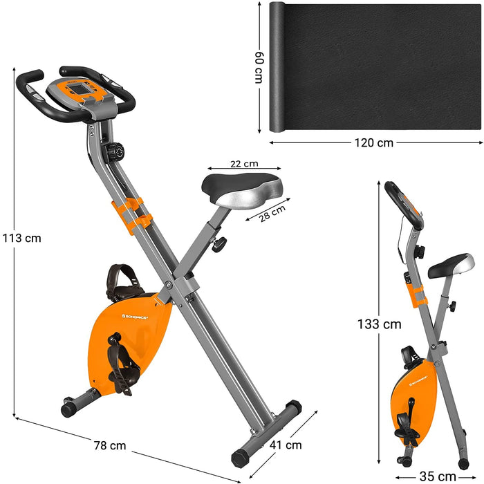 Nancy's Chikopi Hometrainer - Fitnessfiets - Inklapbaar - 8 Magnetische Weerstandsinstellingen - Vloermat - Hartslagmeting - Telefoonhouder - Zilver - Oranje - 78 x 41 x 113 cm