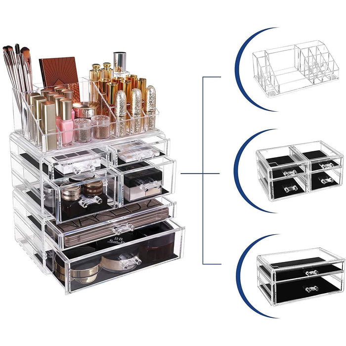 Nancy's Bushy Lake Make-Up Opslag - Cosmetica Organizer - Make-Up Doos - Acryl - 2 Delen - 6 Lades - Transparant/Wit - 24 x 30 x 13,5 cm