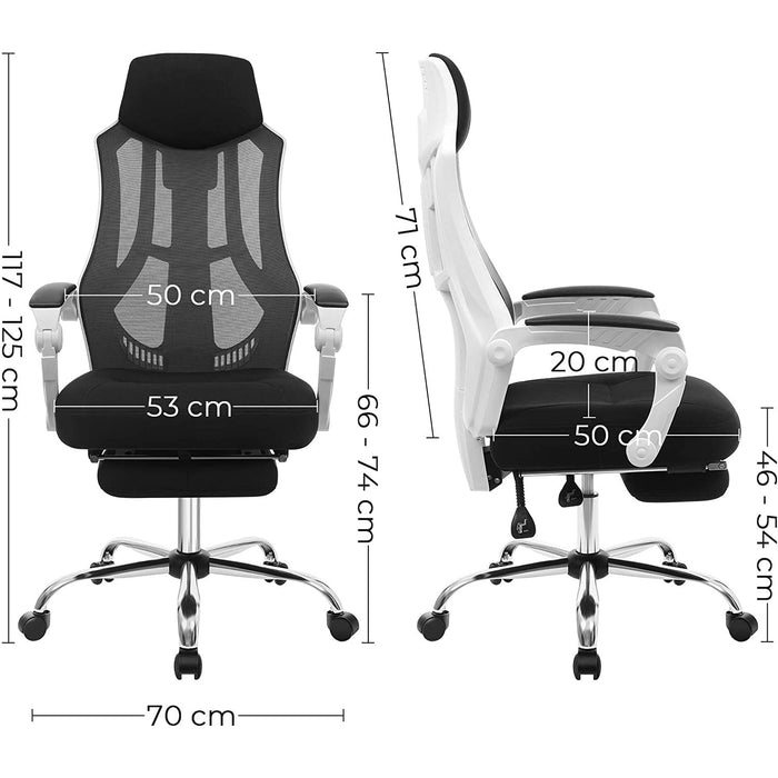 Nancy's Fairland Bureaustoel - Kantoorstoel - Netbespanning - Ergonomisch - Hoofdsteun - Voetensteun - Kantelbaar - Wit - Zwart - 65 x 70 x (117-125) cm