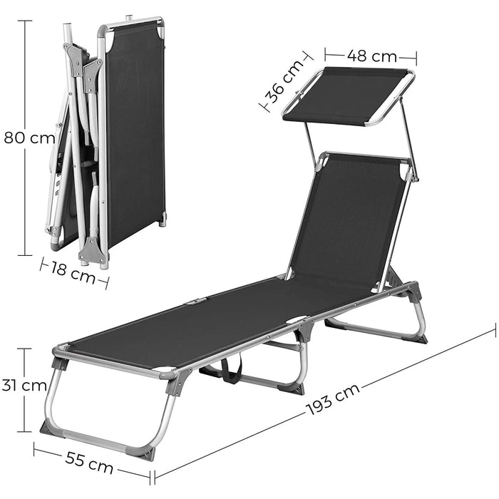 Nancy's Columbine Ligstoel - Tuinligstoel - Loungestoel - Zonnedak - Zonwering - Verstelbare Rugleuning - Opvouwbaar - Zwart - Zilver - 55 x 193 x 31 cm