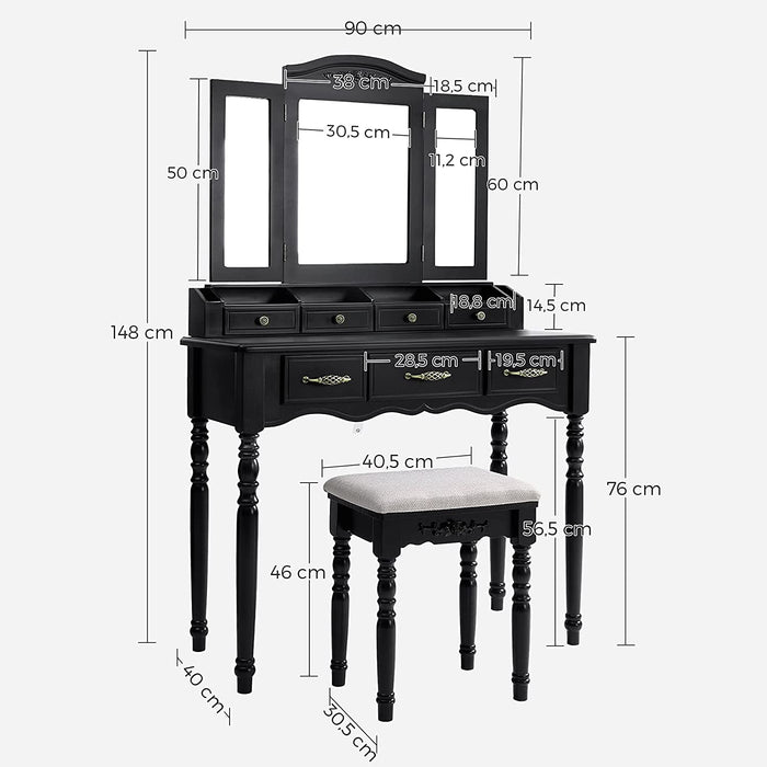 Nancy's Grimmer Kaptafel - Cosmeticatafel - 7 Lades - Spiegel - Gestoffeerde Kruk - Open Vakken -  Zwart - 90 x 40 x 148