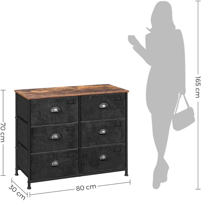 Nancy's Canton Ladekast - Opbergkast - Dressoir - 6 Lades - Industrieel - Zwart - Bruin - MDF - Oxford Stof - Metaal - 80 x 30 x 70 cm