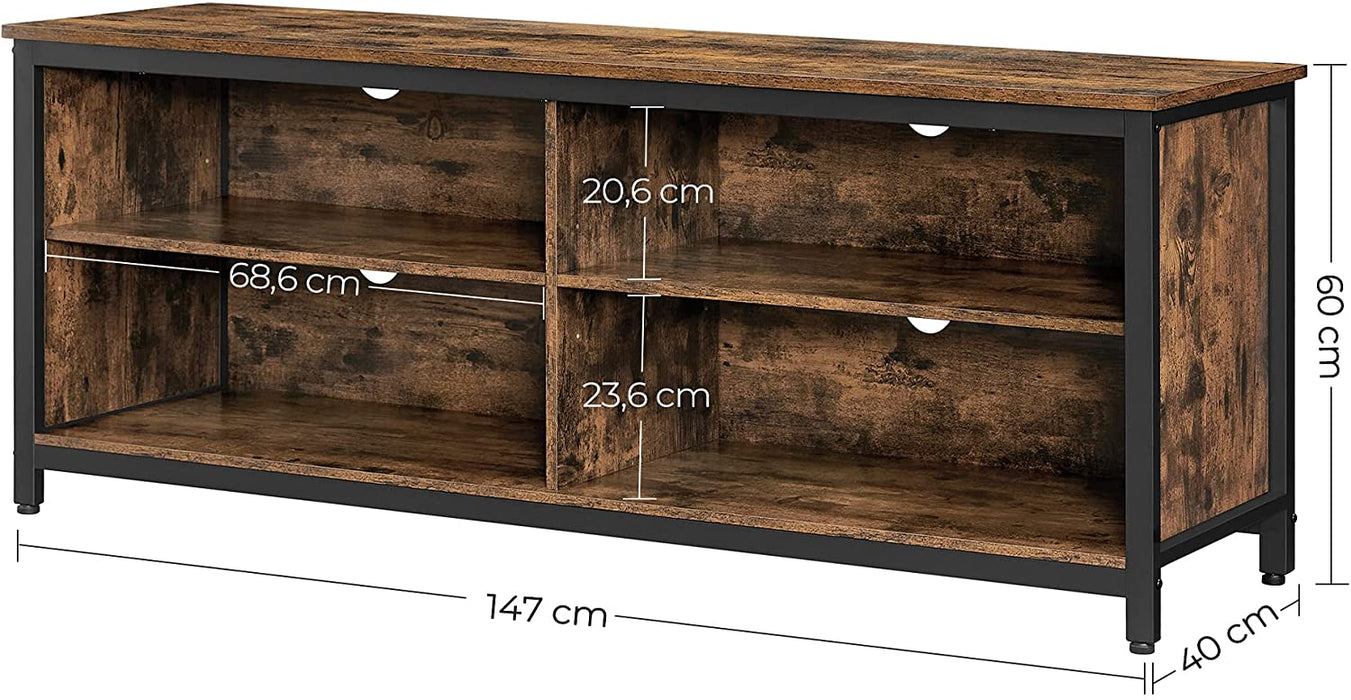 Nancy's Coon TV Meubel - TV Kast - Lowboard - Tot 65 Inch - Opbergruimte - Kabelgaten - Industrieel - Bewerkt Hout - Metaal - Open Vakken - Bruin - Zwart - 147 x 40 x 60 cm